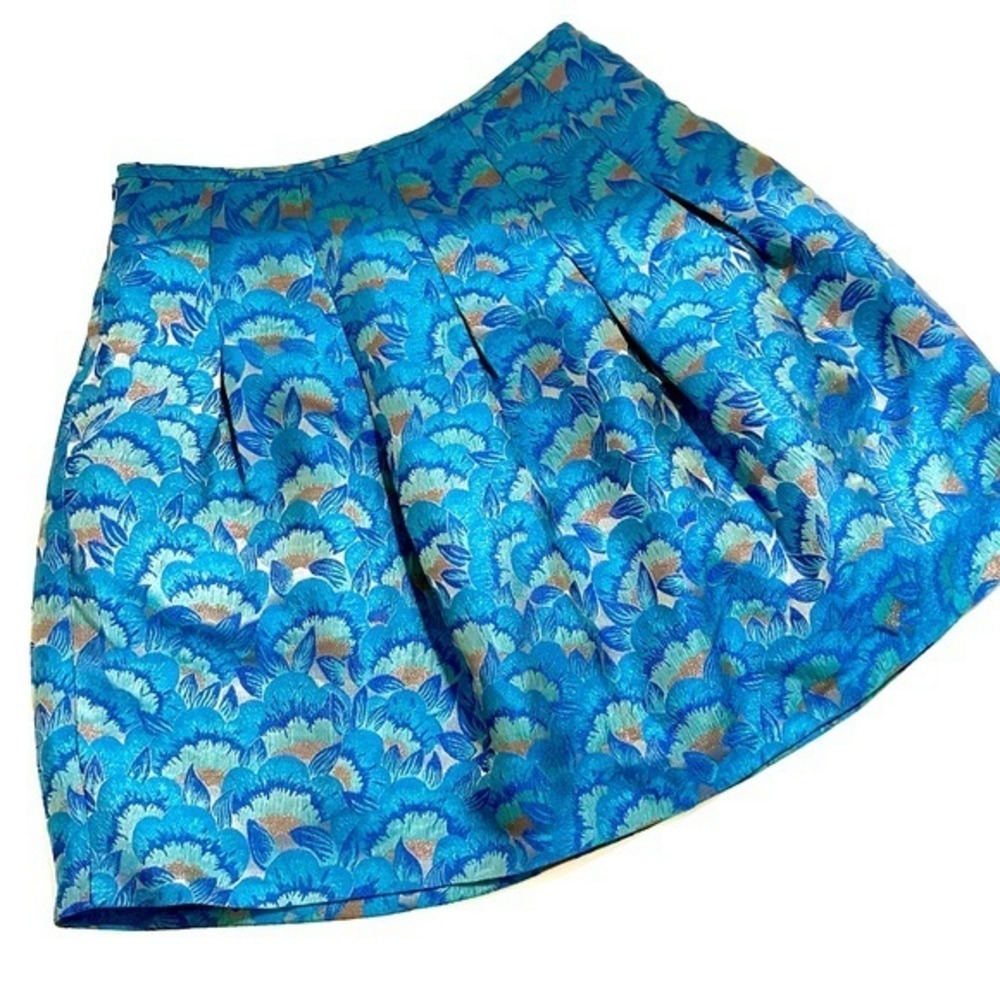 Apostrophe Petite Floral Jacquard Pleated Metallic Blue Skirt 12P